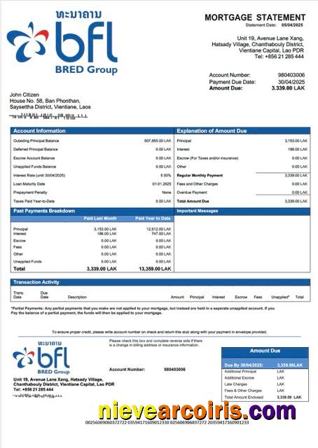 Editable Laos Banque Franco Lao Mortgage Statement Word And PDF Template