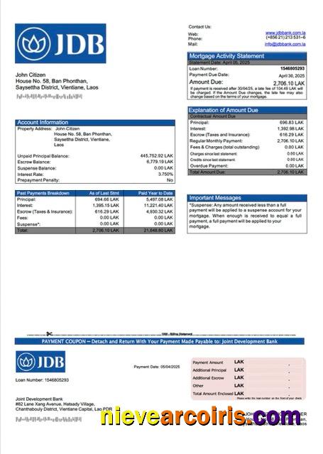 Realistic Laos Joint Development Bank Mortgage Statement Word And PDF Template
