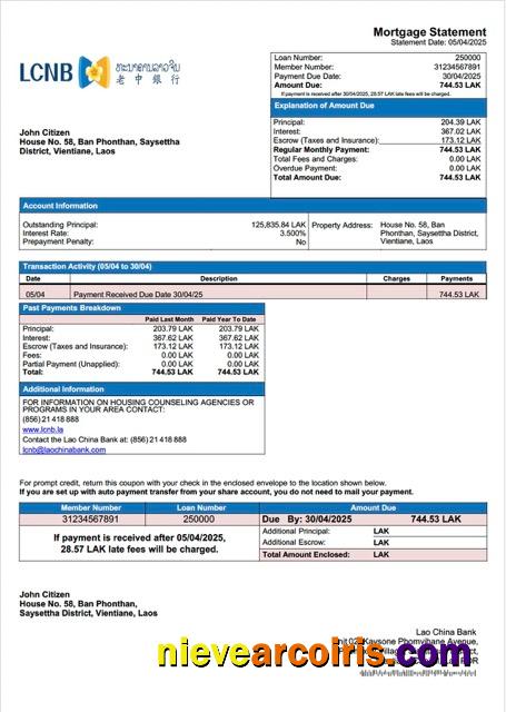 Editable Laos Lao China Bank Mortgage Statement Word And PDF Template