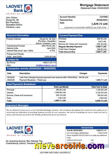 Premium Laos Lao Viet Bank Mortgage Statement Word And PDF Template