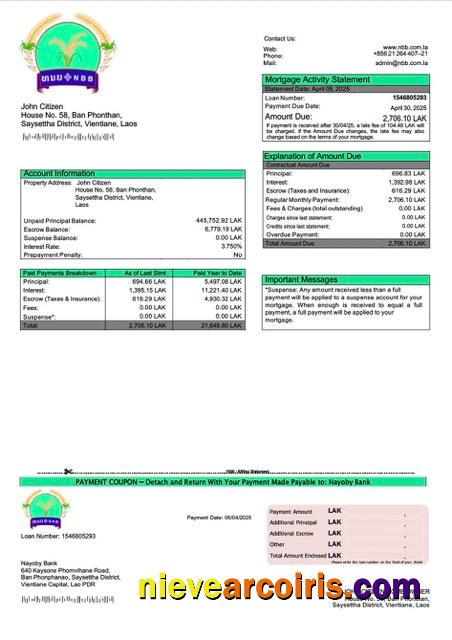 Professional Laos Nayoby Bank Mortgage Statement Word And PDF Template