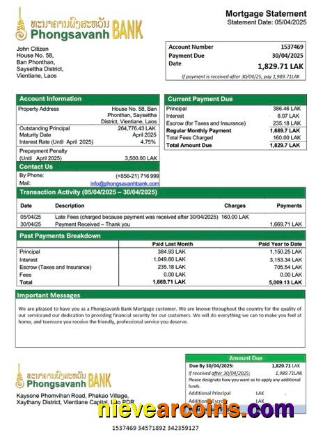 Professional Laos Phongsavanh Bank Mortgage Statement Word And PDF Template