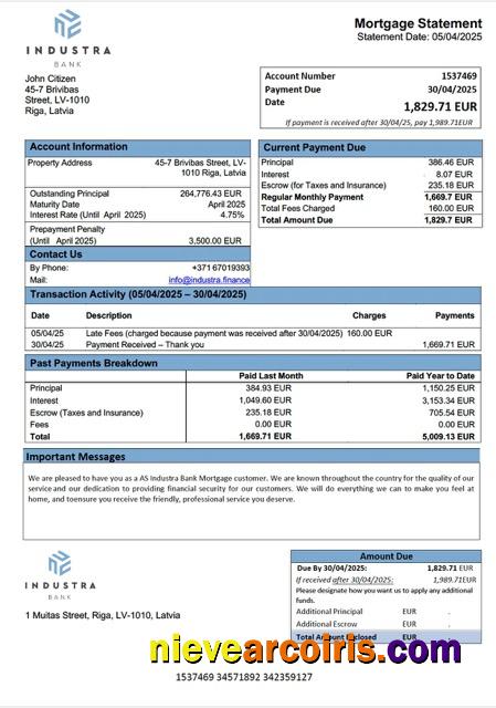 Premium Latvia AS Industra Bank Mortgage Statement Word And PDF Template