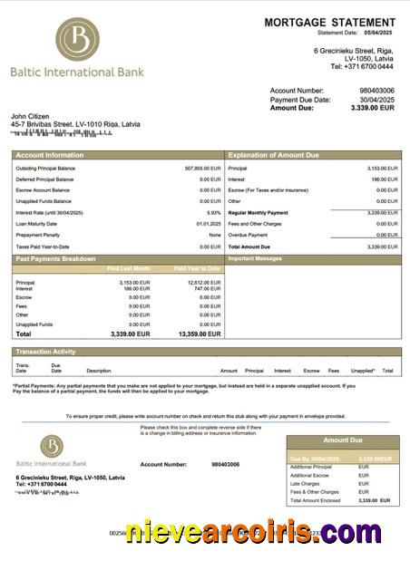 Premium Latvia Baltic International Bank SE Mortgage Statement Word And PDF Template