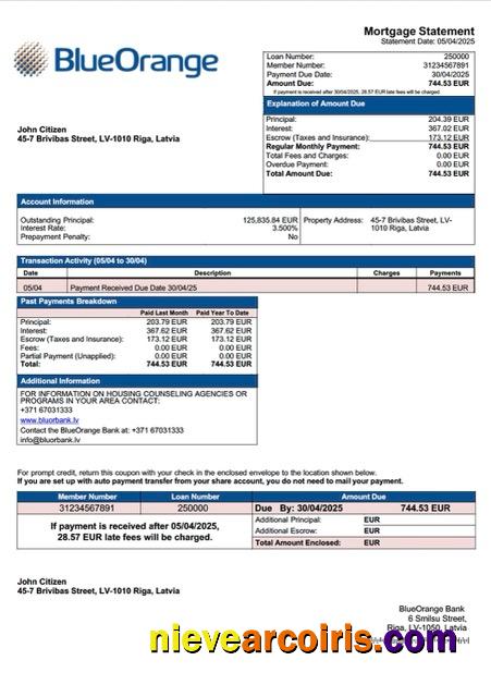 Realistic Latvia BlueOrange Bank Mortgage Statement Word And PDF Template