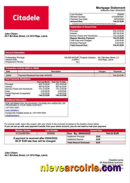 Premium Latvia Citadele Banka Mortgage Statement Word And PDF Template