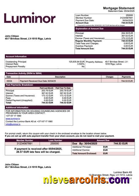 Editable Latvia Luminor Bank AS Mortgage Statement Word And PDF Template