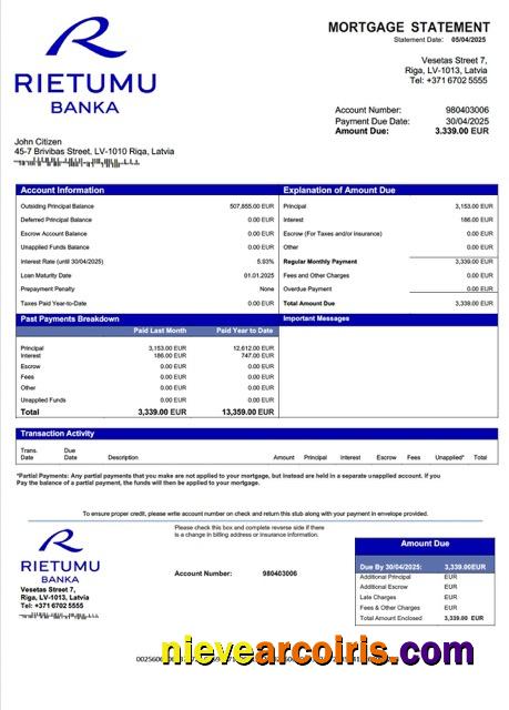 Professional Latvia Rietumu Banka Mortgage Statement Word And PDF Template