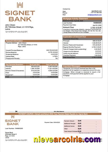 Professional Latvia Signet Bank Mortgage Statement Word And PDF Template