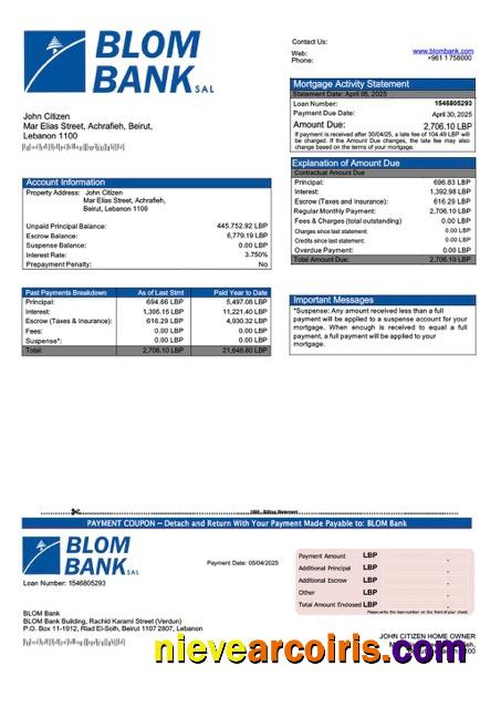 Editable Lebanon BLOM Bank Mortgage Statement Word And PDF Template