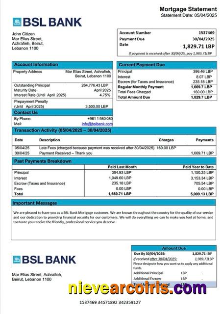 Realistic Lebanon BSL Bank Mortgage Statement Word And PDF Template