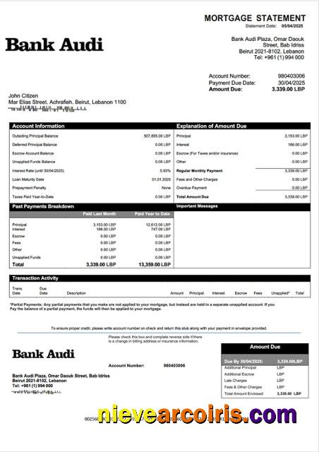 Realistic Lebanon Bank Audi Mortgage Statement Word And PDF Template