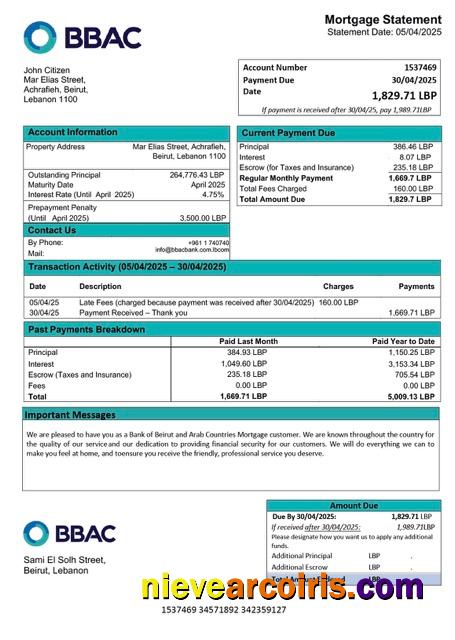 Editable Lebanon Bank Of Beirut And Arab Countries (BBAC) Mortgage Statement Word And PDF Template