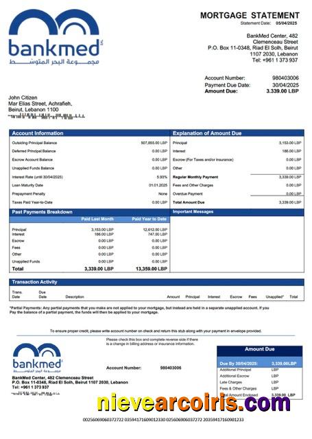 Realistic Lebanon BankMed Mortgage Statement Word And PDF Template