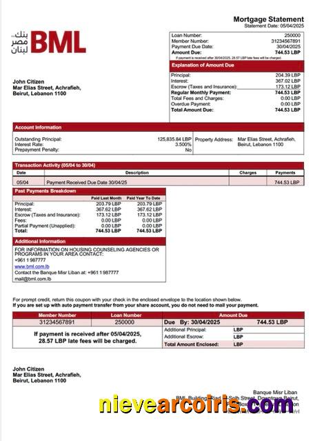 Editable Lebanon Banque Misr Liban Mortgage Statement Word And PDF Template