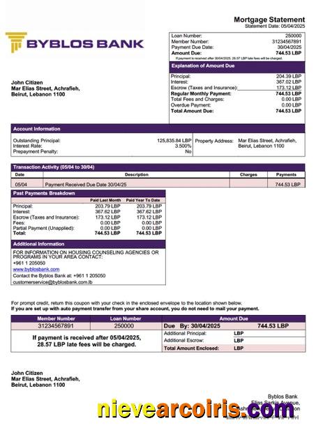 Professional Lebanon Byblos Bank Mortgage Statement Word And PDF Template