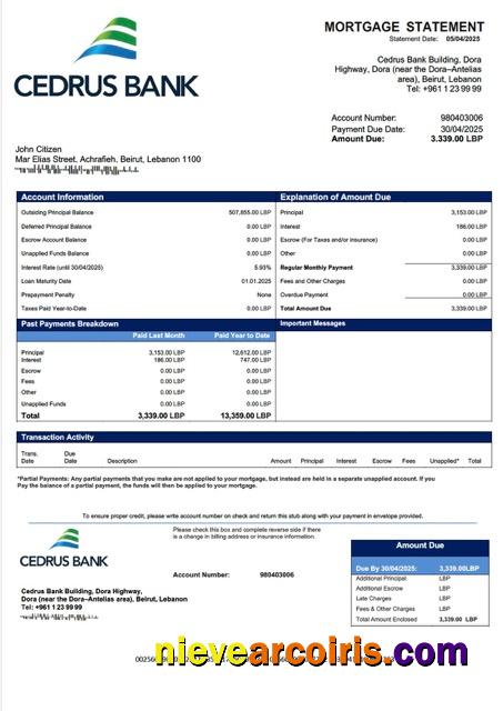 Premium Lebanon Cedrus Bank Mortgage Statement Word And PDF Template