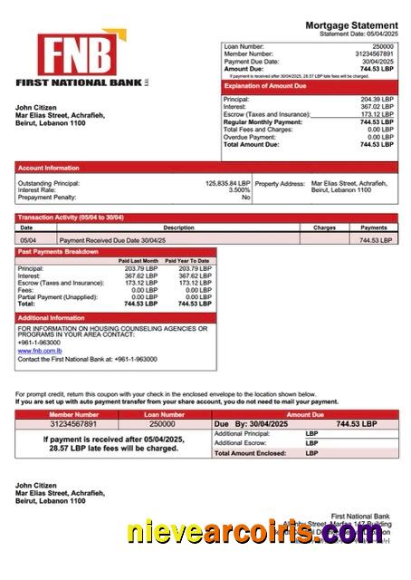 Realistic Lebanon First National Bank Mortgage Statement Word And PDF Template