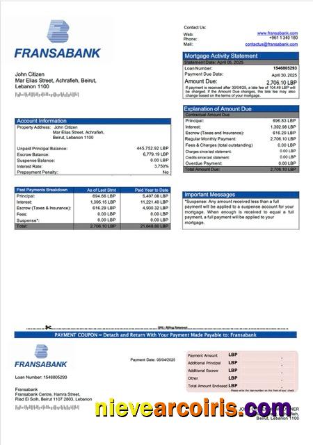 Editable Lebanon Fransabank Mortgage Statement Word And PDF Template