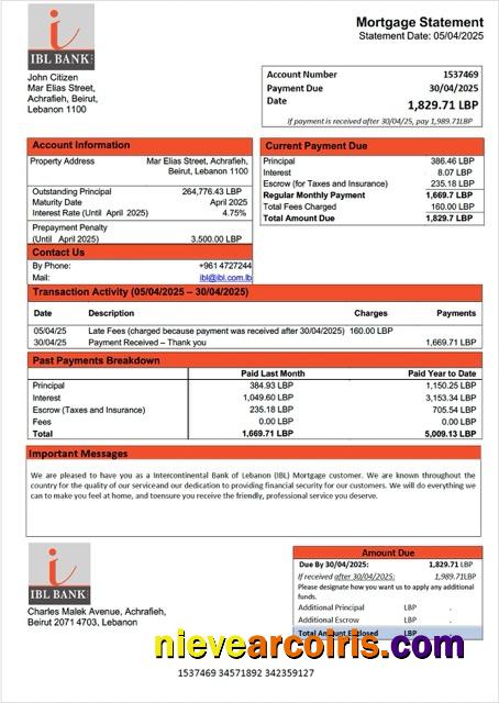 Realistic Lebanon Intercontinental Bank Of Lebanon (IBL) Mortgage Statement Word And PDF Template
