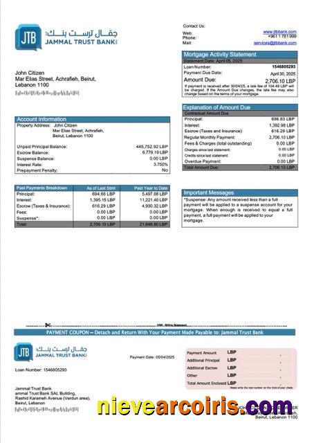 Editable Lebanon Jammal Trust Bank Mortgage Statement Word And PDF Template