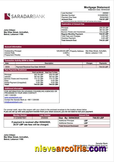 Editable Lebanon Saradar Bank Mortgage Statement Word And PDF Template