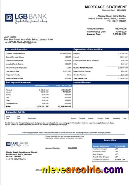 Professional Lebanon And Gulf Bank Mortgage Statement Word And PDF Template