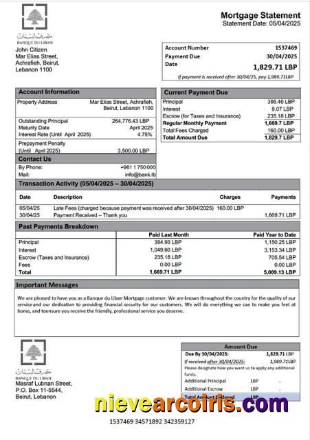 Realistic Lebanon Banque Du Liban Mortgage Statement Word And PDF Template