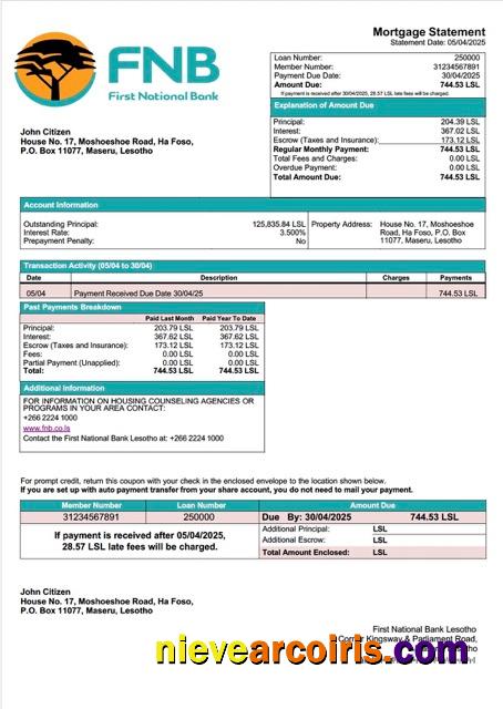 Editable Lesotho First National Bank Lesotho Mortgage Statement Word And PDF Template