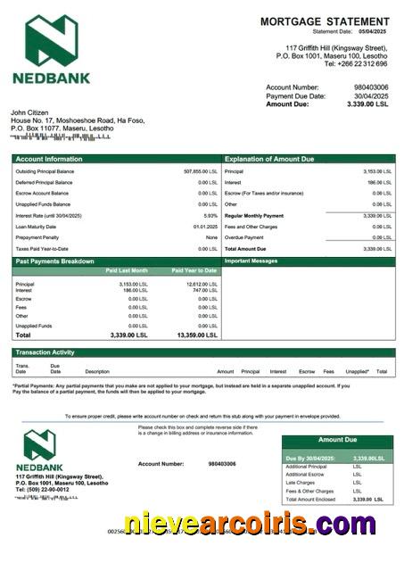 Premium Lesotho Nedbank Lesotho Mortgage Statement Word And PDF Template