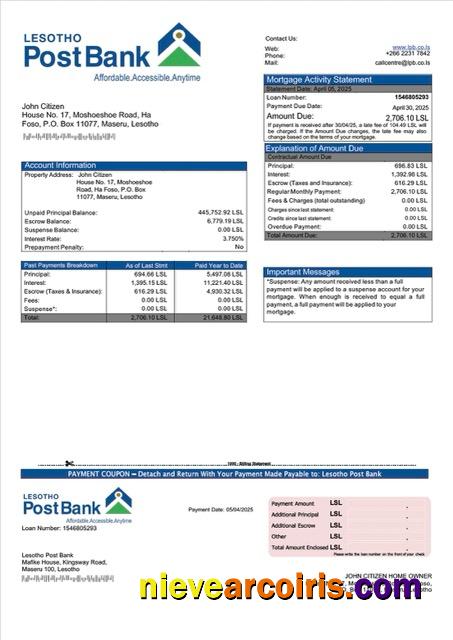 Realistic Lesotho Post Bank Mortgage Statement Word And PDF Template