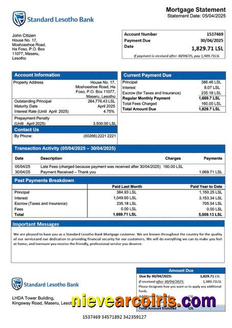 Realistic Lesotho Standard Lesotho Bank Mortgage Statement Word And PDF Template