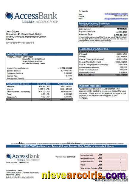 Realistic Liberia AccessBank Liberia Mortgage Statement Word And PDF Template
