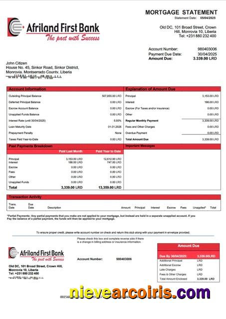 Professional Liberia Afriland First Bank Liberia Mortgage Statement Word And PDF Template