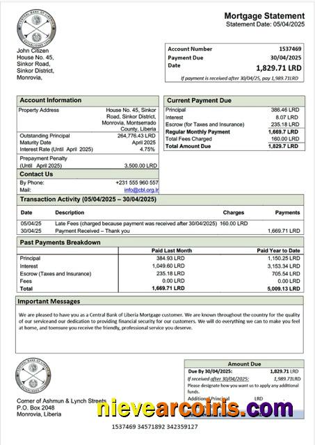 Realistic Liberia Central Bank Of Liberia Mortgage Statement Word And PDF Template