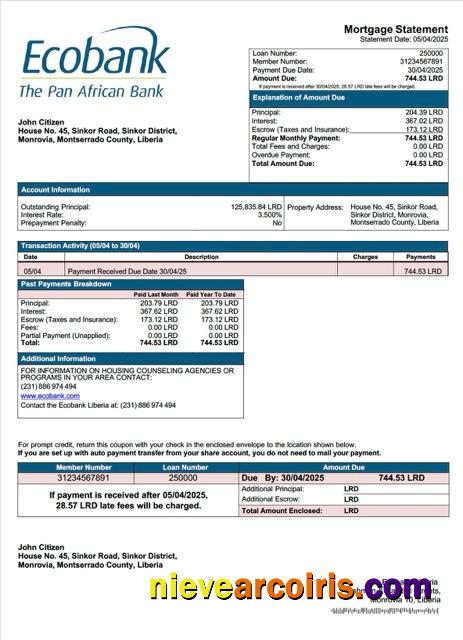 Professional Liberia Ecobank Liberia Mortgage Statement Word And PDF Template