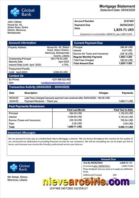 Realistic Liberia Global Bank Liberia Mortgage Statement Word And PDF Template