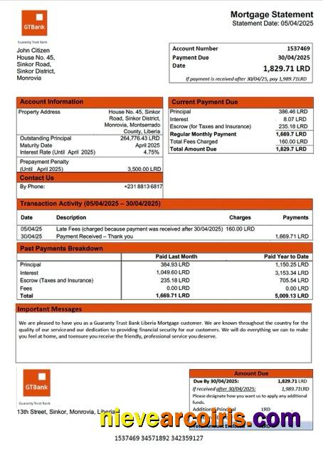 Premium Liberia Guaranty Trust Bank Liberia Mortgage Statement Word And PDF Template