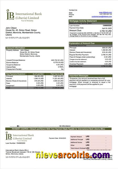 Editable Liberia International Bank Liberia (IBLL) Mortgage Statement Word And PDF Template
