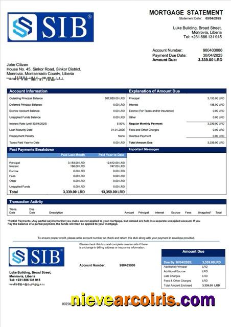 Editable Liberia Sapelle International Bank Liberia Limited Mortgage Statement Word And PDF Template