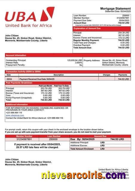 Professional Liberia United Bank For Africa Liberia Mortgage Statement Word And PDF Template