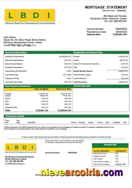 Editable Liberian Bank For Development And Investment (LBDI) Mortgage Statement Word And PDF Template