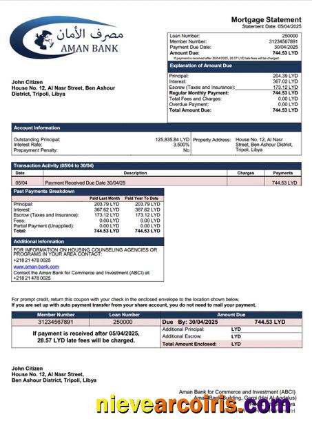 Premium Libya Aman Bank For Commerce And Investment (ABCI) Mortgage Statement Word And PDF Template