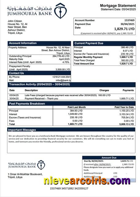 Realistic Libya Jumhouria Bank Mortgage Statement Word And PDF Template