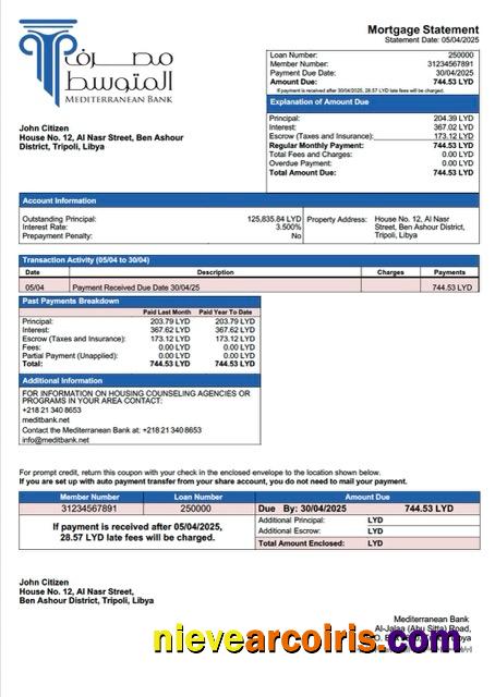 Professional Libya Mediterranean Bank Mortgage Statement Word And PDF Template