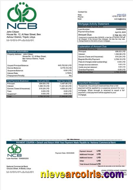Realistic Libya National Commercial Bank Mortgage Statement Word And PDF Template