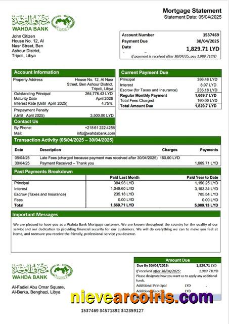 Editable Libya Wahda Bank Mortgage Statement Word And PDF Template