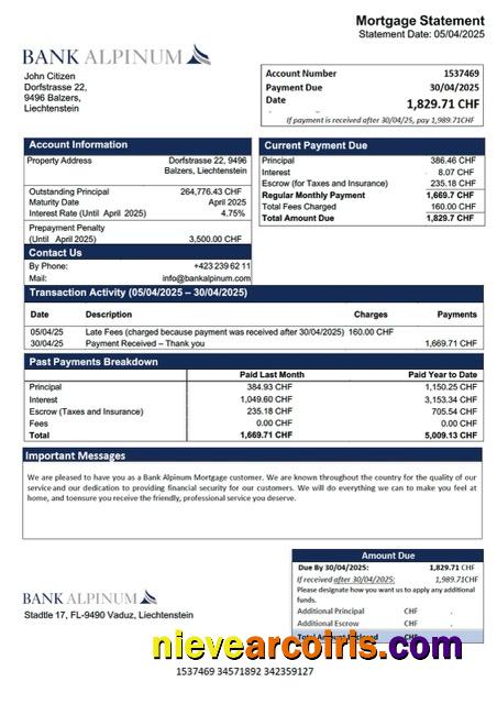 Realistic Liechtenstein Bank Alpinum Mortgage Statement Word And PDF Template