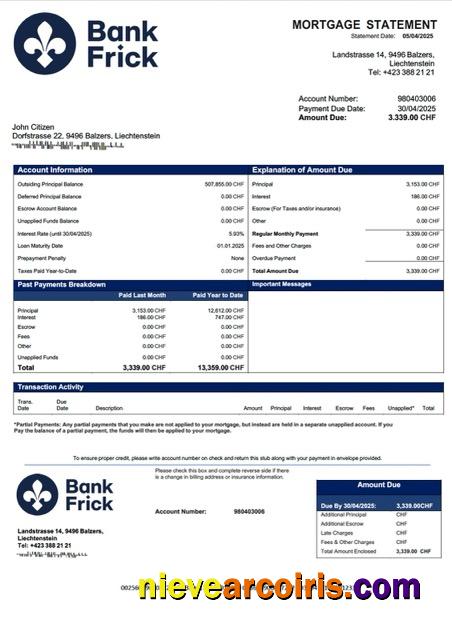 Professional Liechtenstein Bank Frick & Co Mortgage Statement Word And PDF Template