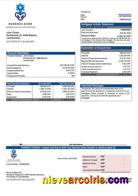 Editable Liechtenstein Bendura Bank AG Mortgage Statement Word And PDF Template
